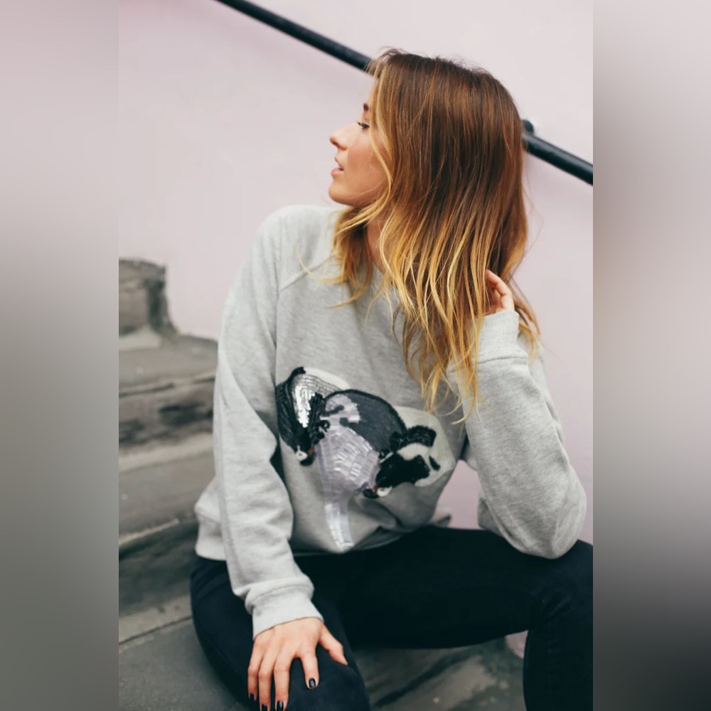 Anthropologie Uzma Bozai 100% Cotton Beaded Elephant Pullover Crew Sweatshirt M
